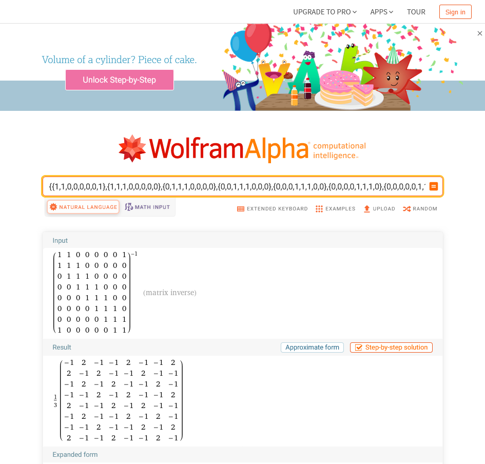 Wolfram|Alpha로 행렬 R의 역행렬을 구한 결과. -1/3과 2/3이 반복되는 행렬이 계산되었다.