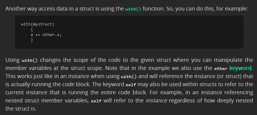 ... The keyword self may also be used within structs to refer to the current instance that is running the entire code block. For example, in an instance referencing nested struct member variables, self will refer to the instance regardless of how deeply nested the struct is.