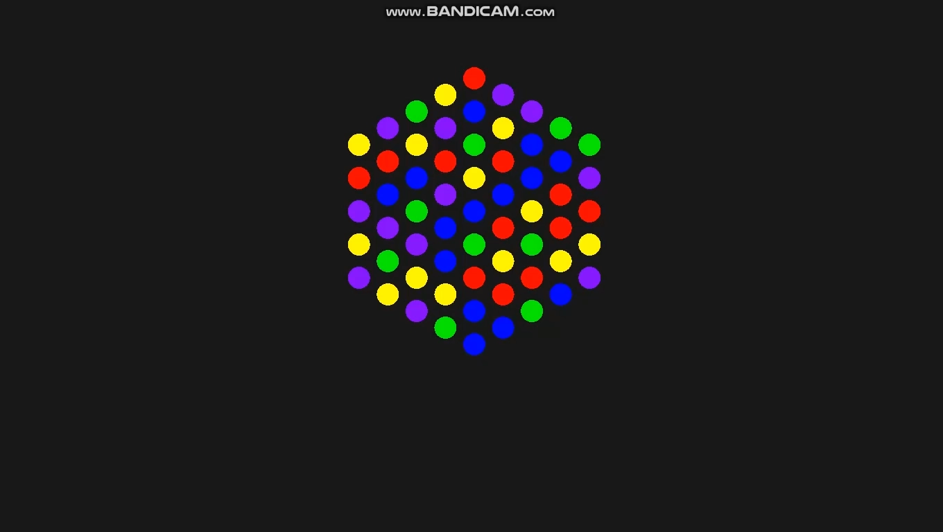 다섯 가지 색의 원으로 채워져 있는 길이 5의 정육각형 보드