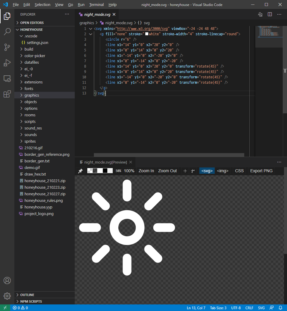 Visual Studio Code로 SVG 문서를 편집하는 화면