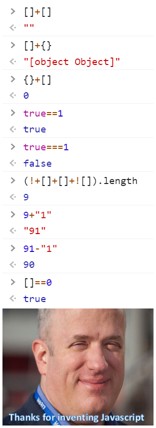위의 "Thanks for inventing Javascript" 이미지에서 자바스크립트 자체의 문제인 코드만 남겼다.